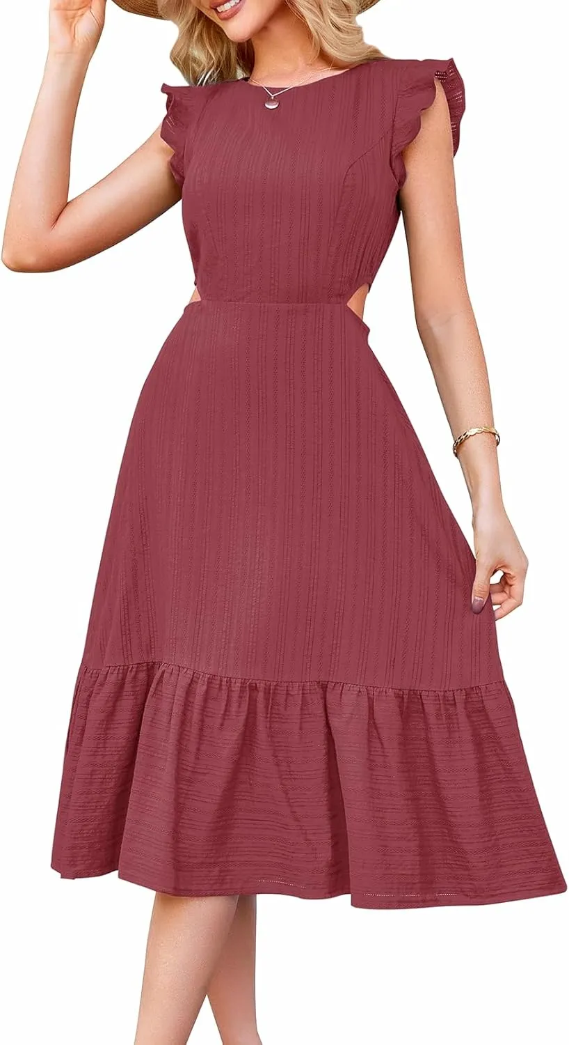 JASAMBAC Women's Summer Casual Tiered Dress Flutter Short Sleeve Dresses Elegant Flowy A Line Cut Out Boho Wedding Midi Dress