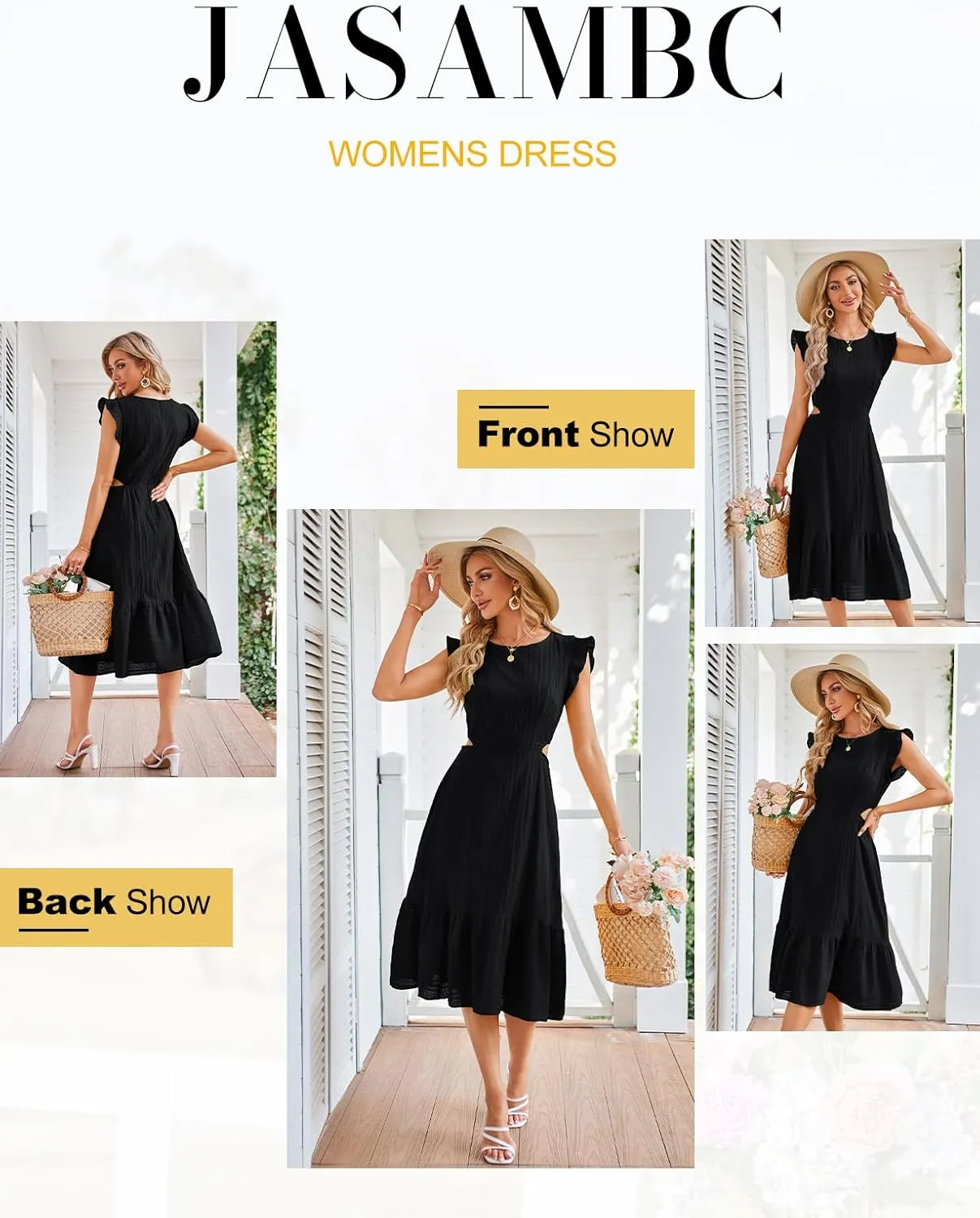 JASAMBAC Women's Summer Casual Tiered Dress Flutter Short Sleeve Dresses Elegant Flowy A Line Cut Out Boho Wedding Midi Dress