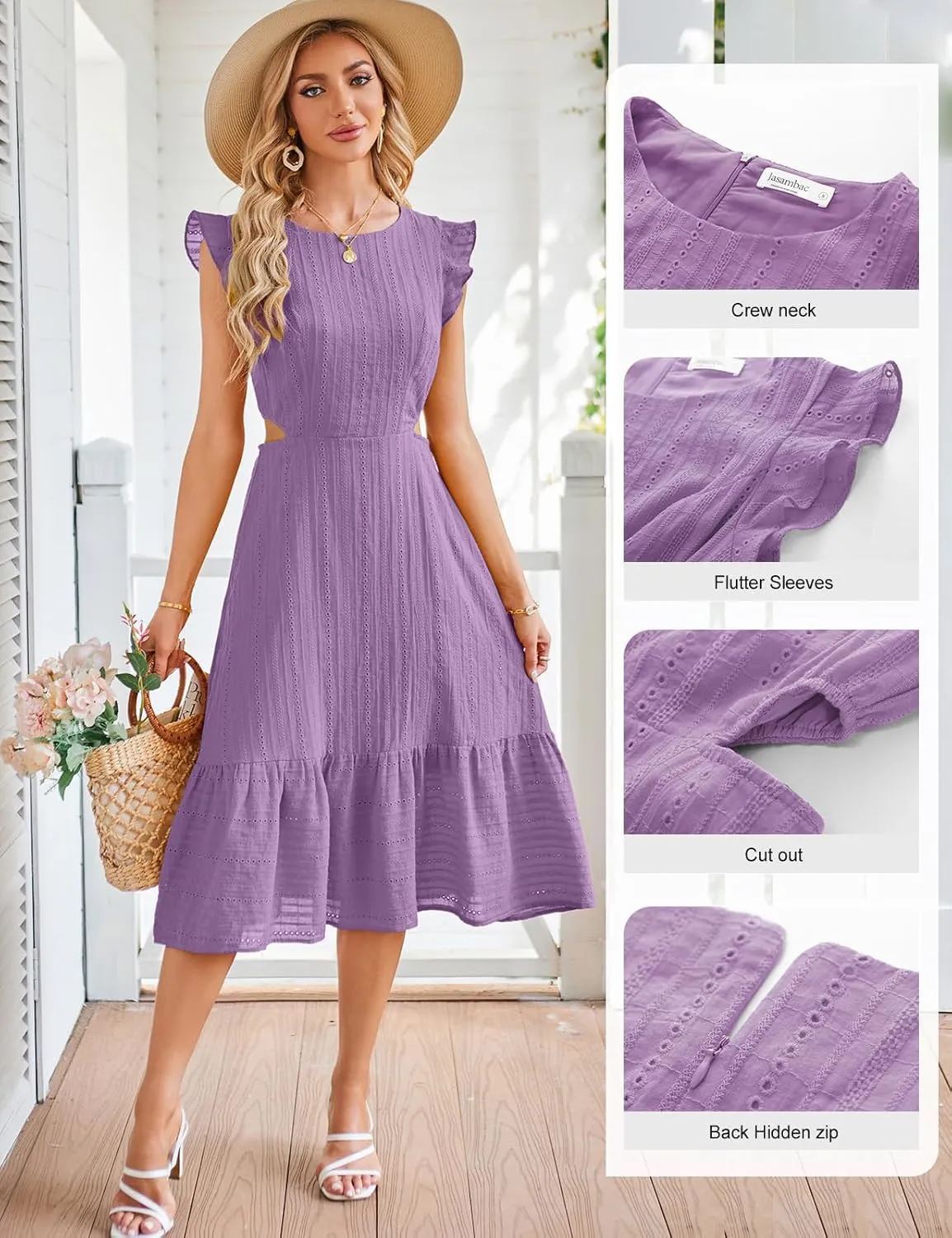 JASAMBAC Women's Summer Casual Tiered Dress Flutter Short Sleeve Dresses Elegant Flowy A Line Cut Out Boho Wedding Midi Dress