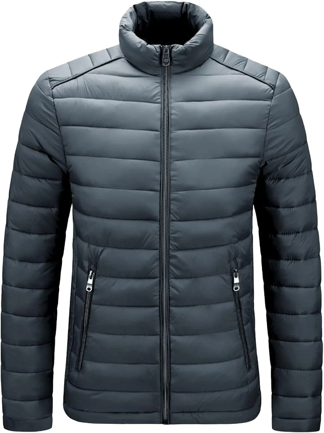 JEShifangjiusu Men Winter Cotton Padded Jacket Casual Stand Collar Hoodless Zipper Pocket Coat Thicken Long Sleeve Coats, Grey, Large