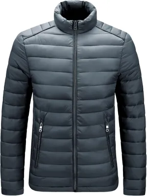 JEShifangjiusu Men Winter Cotton Padded Jacket Casual Stand Collar Hoodless Zipper Pocket Coat Thicken Long Sleeve Coats, Grey, Large
