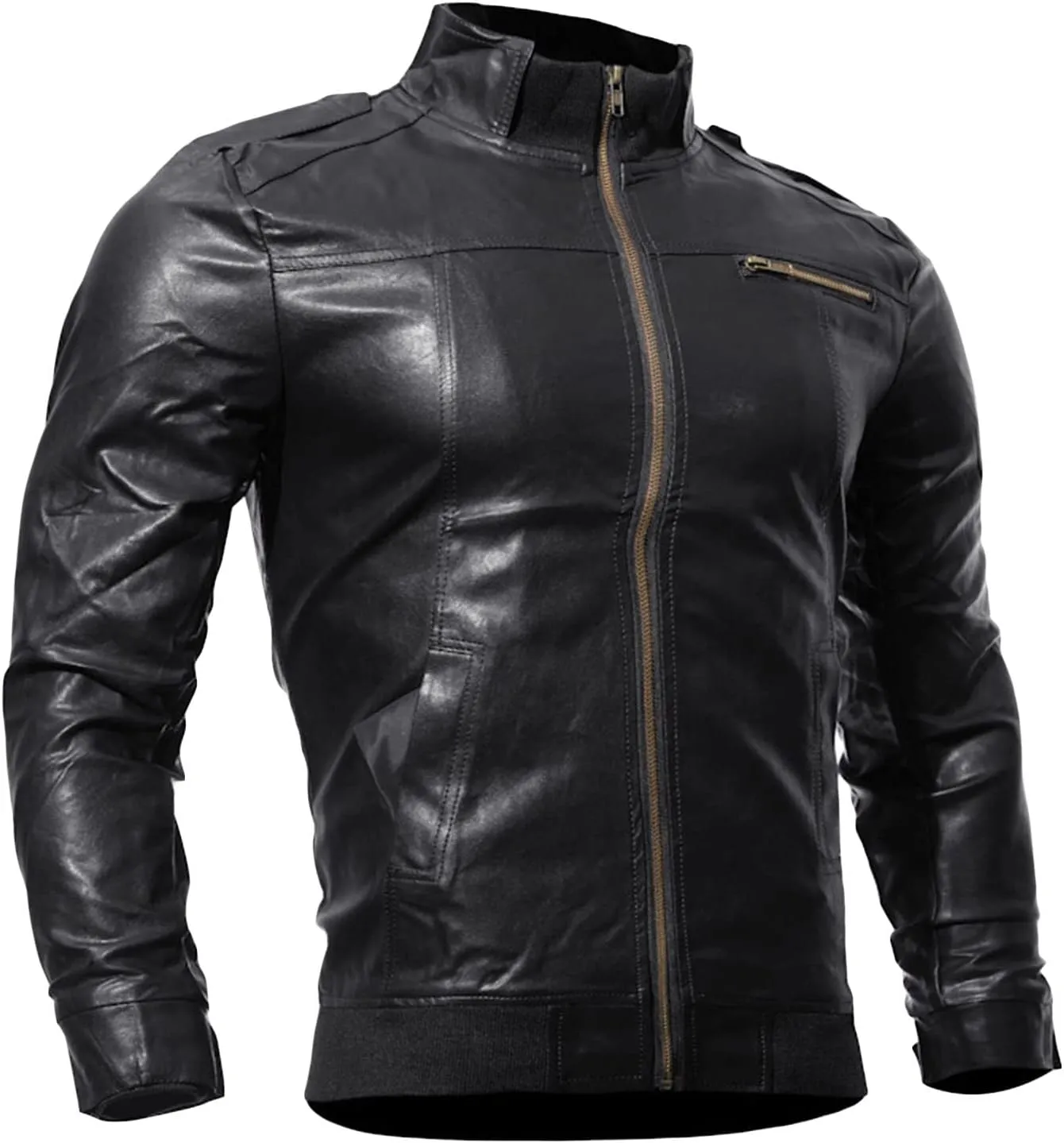 JEShifangjiusu Men'S Slim Fit Leather Jackets Stand Collar Lightweight Bomber Jacket Casual Zip Up Pu Motorcycle Biker Coat