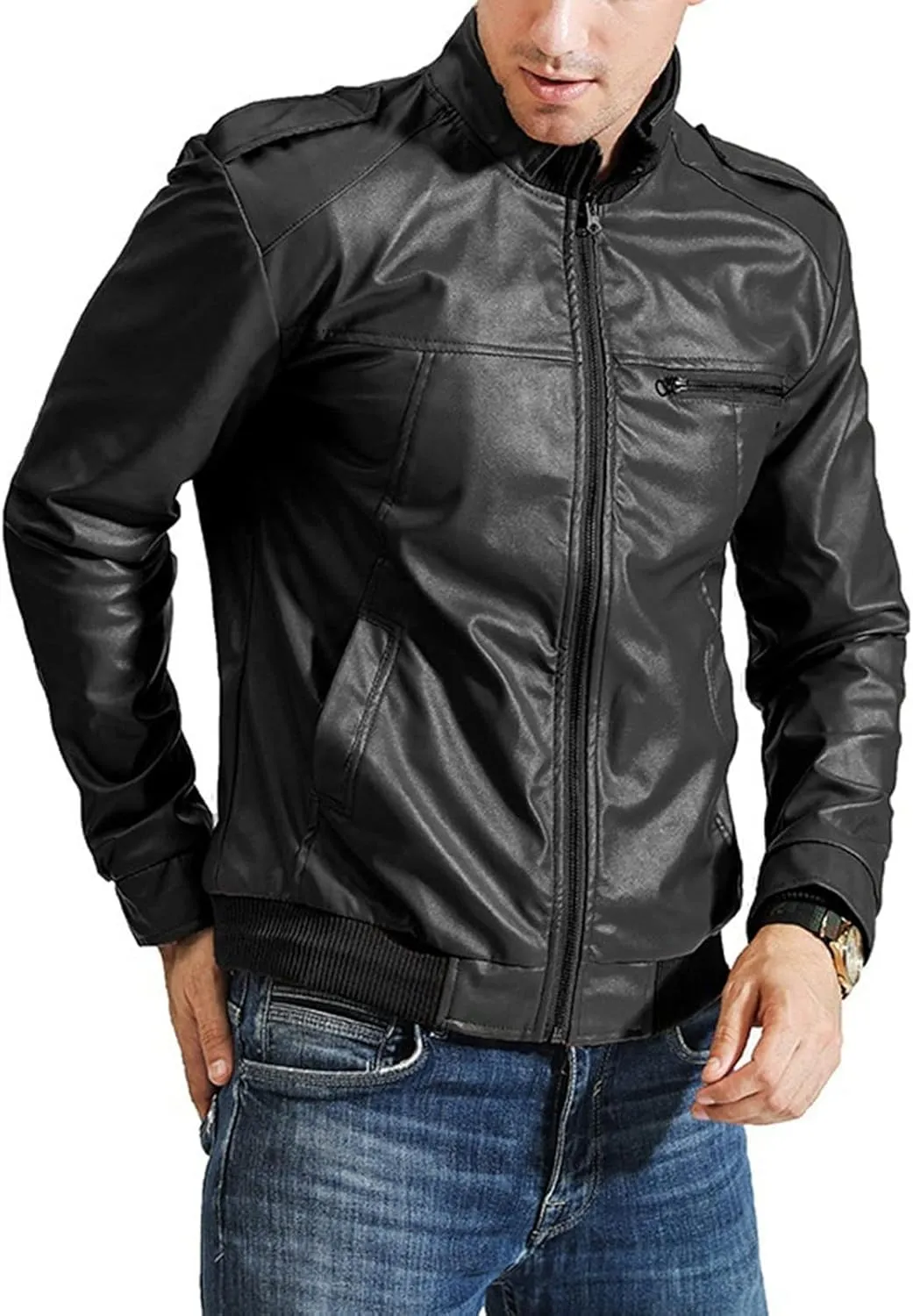 JEShifangjiusu Men'S Slim Fit Leather Jackets Stand Collar Lightweight Bomber Jacket Casual Zip Up Pu Motorcycle Biker Coat
