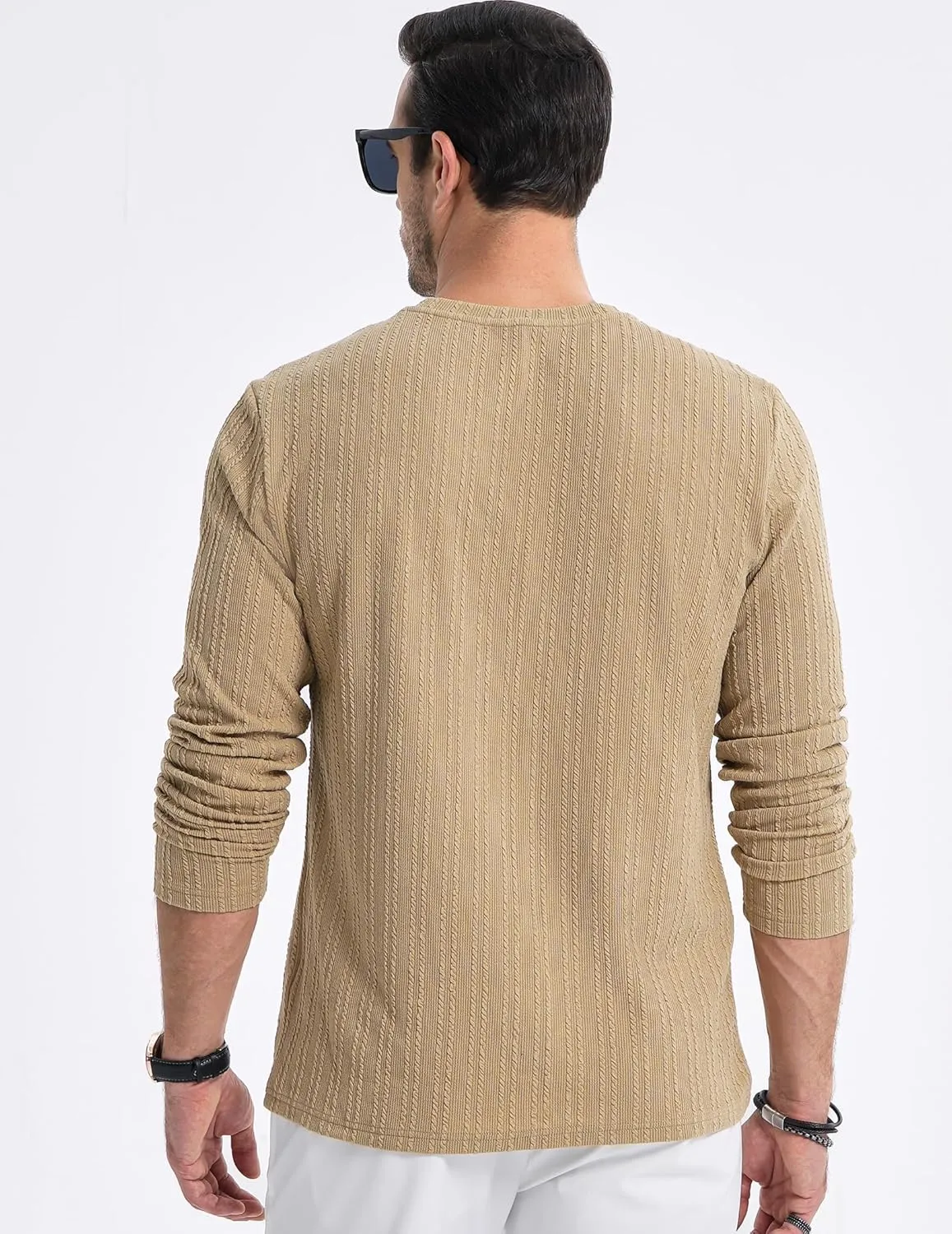 JMIERR Men's Long Sleeve Shirts Casual Crewneck Pullover T-Shirt Stretch Textured Knit Tee with Pocket