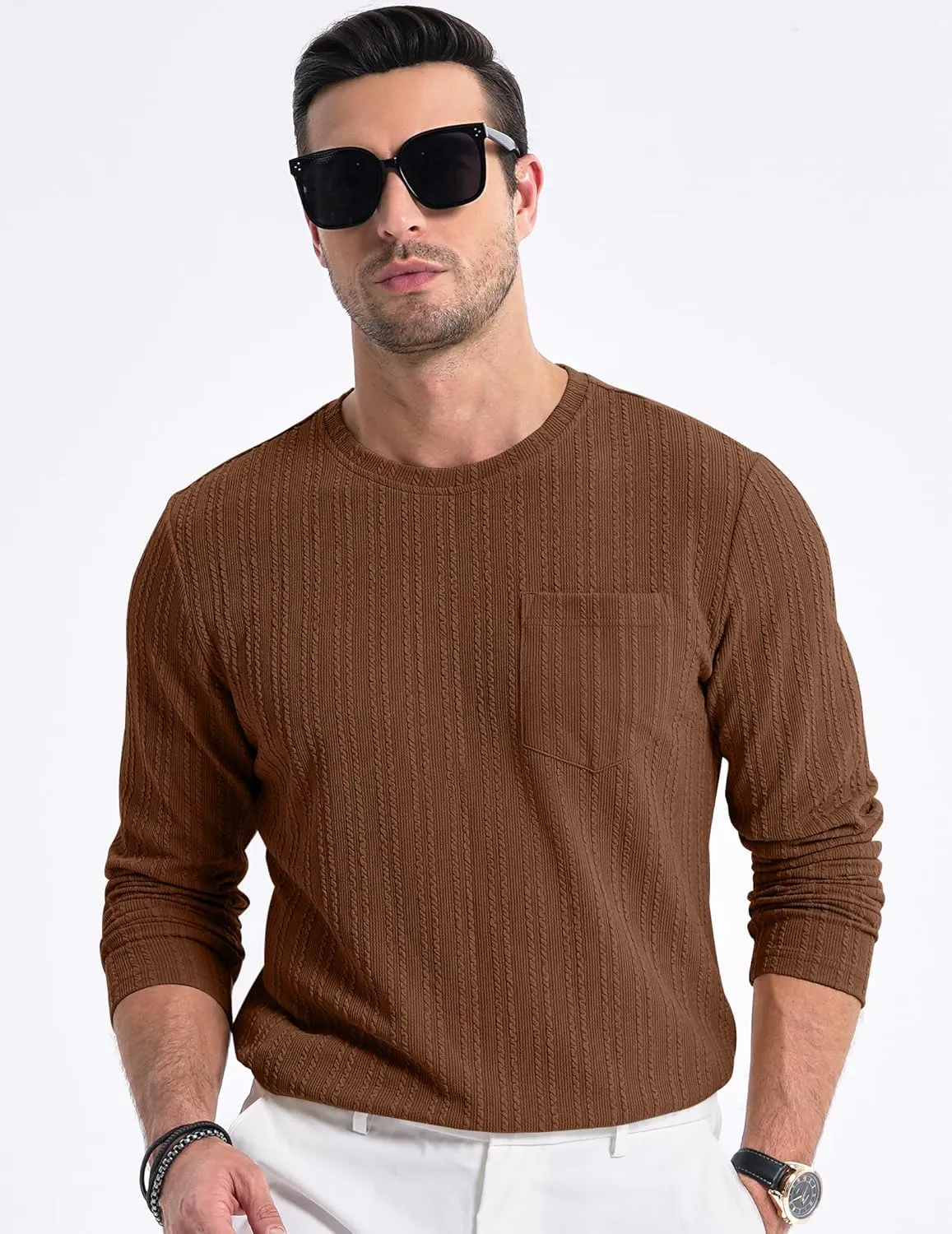JMIERR Men's Long Sleeve Shirts Casual Crewneck Pullover T-Shirt Stretch Textured Knit Tee with Pocket