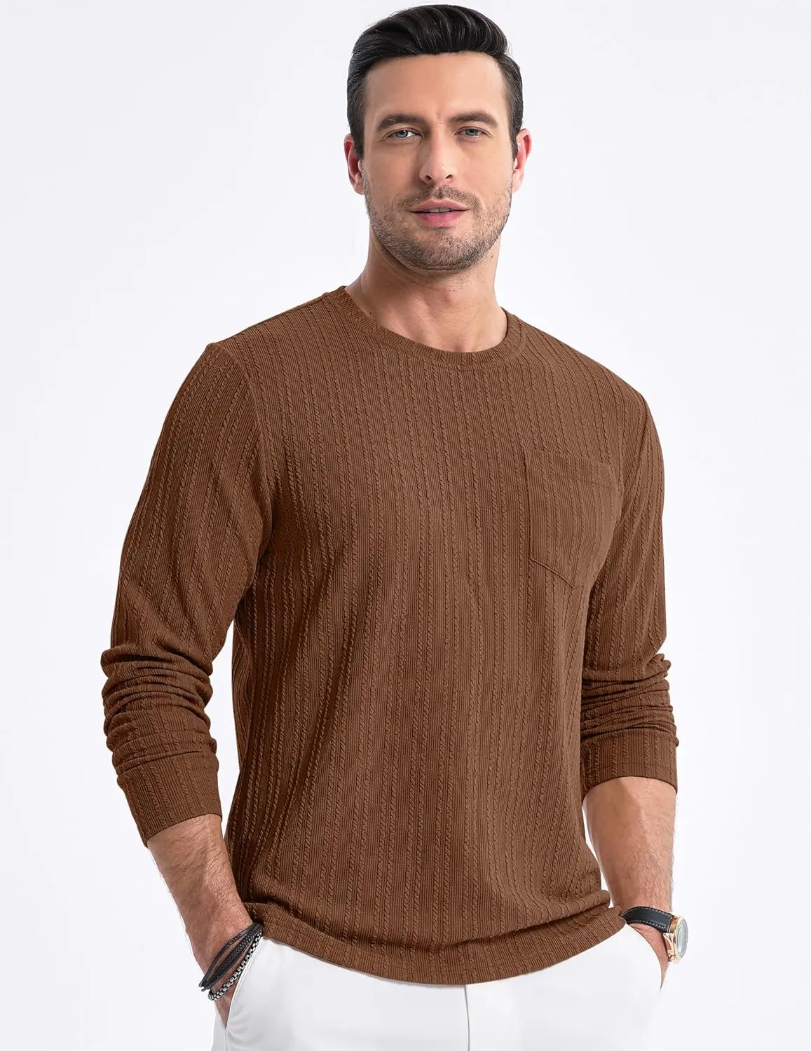 JMIERR Men's Long Sleeve Shirts Casual Crewneck Pullover T-Shirt Stretch Textured Knit Tee with Pocket
