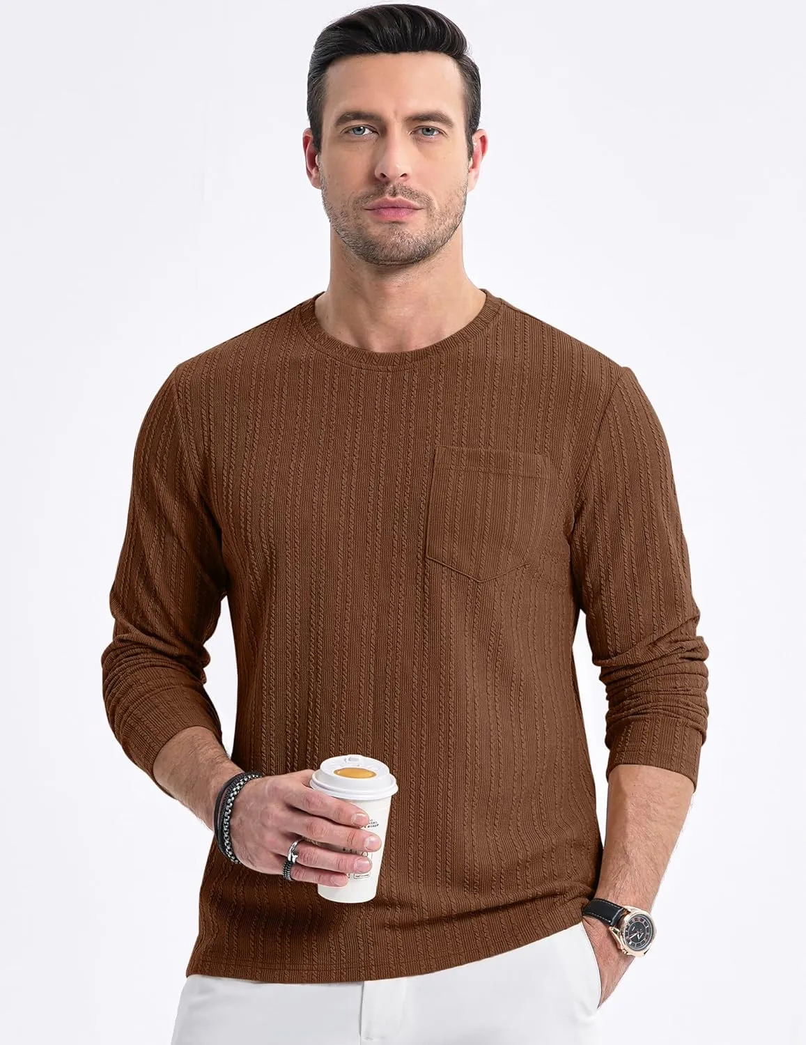 JMIERR Men's Long Sleeve Shirts Casual Crewneck Pullover T-Shirt Stretch Textured Knit Tee with Pocket