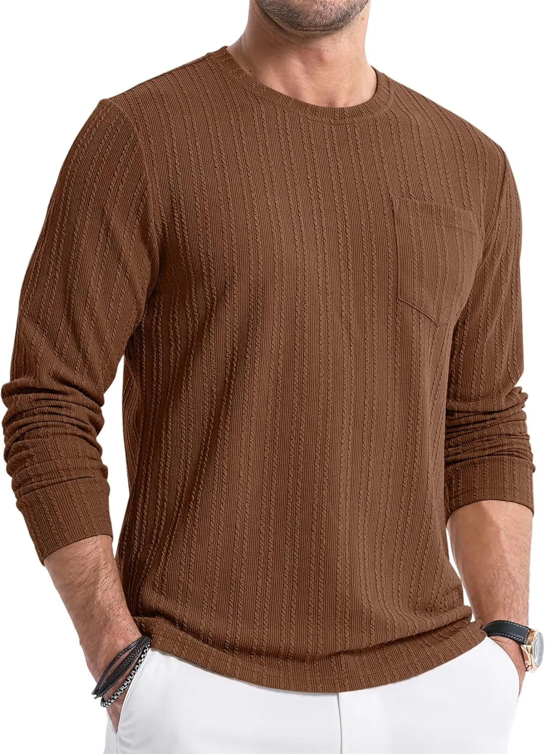 JMIERR Men's Long Sleeve Shirts Casual Crewneck Pullover T-Shirt Stretch Textured Knit Tee with Pocket