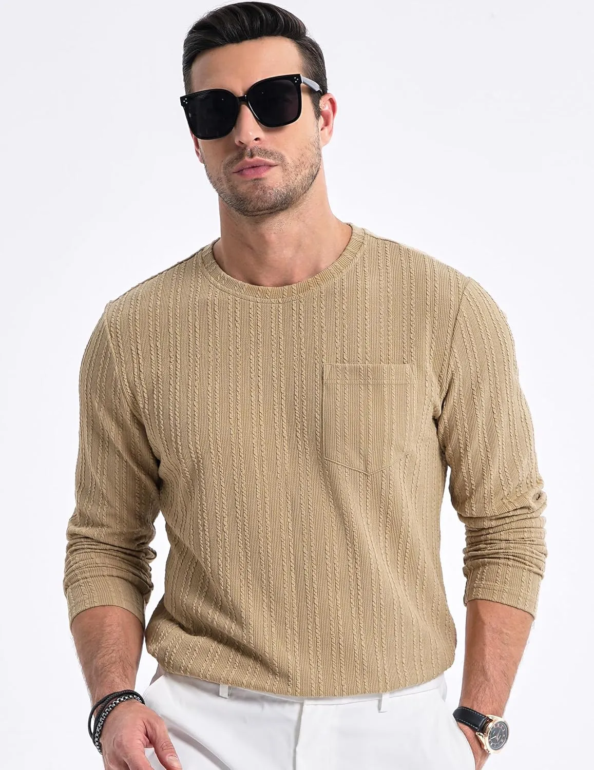 JMIERR Men's Long Sleeve Shirts Casual Crewneck Pullover T-Shirt Stretch Textured Knit Tee with Pocket