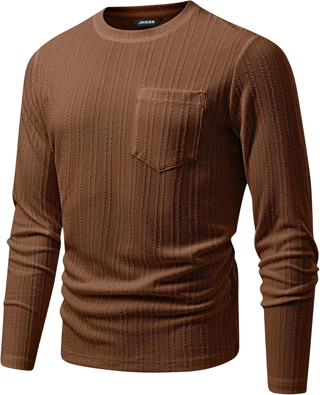 JMIERR Men's Long Sleeve Shirts Casual Crewneck Pullover T-Shirt Stretch Textured Knit Tee with Pocket