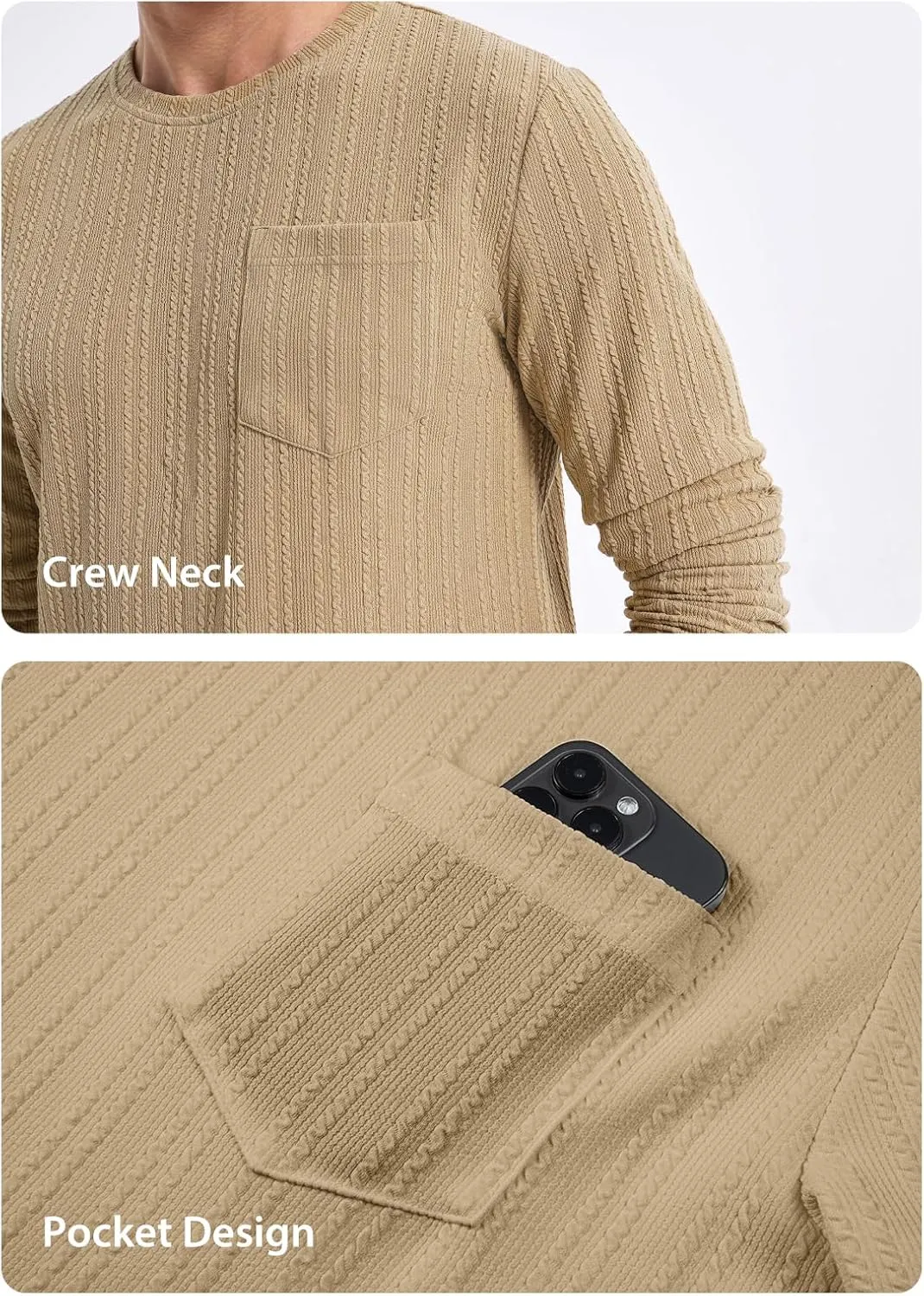 JMIERR Men's Long Sleeve Shirts Casual Crewneck Pullover T-Shirt Stretch Textured Knit Tee with Pocket