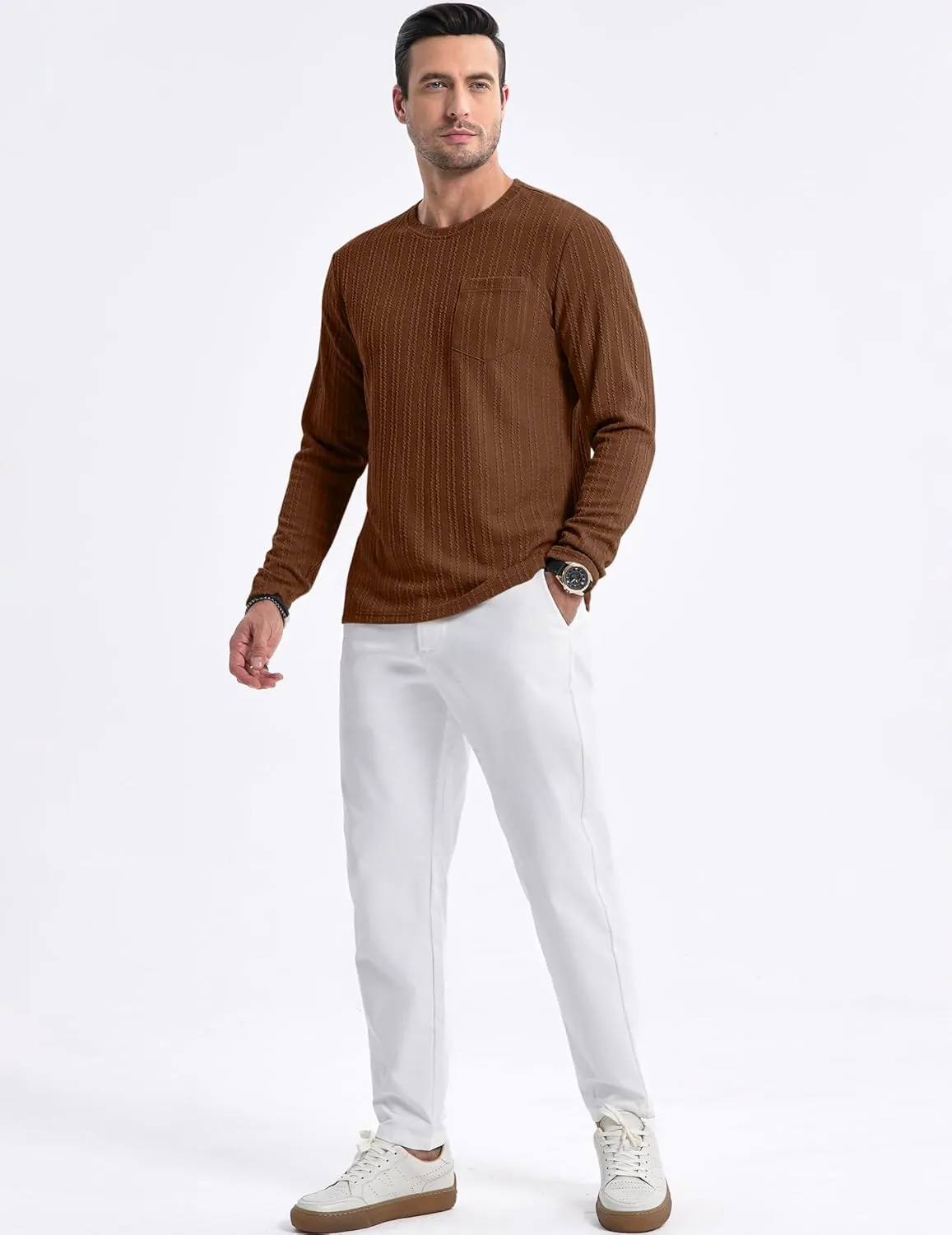 JMIERR Men's Long Sleeve Shirts Casual Crewneck Pullover T-Shirt Stretch Textured Knit Tee with Pocket