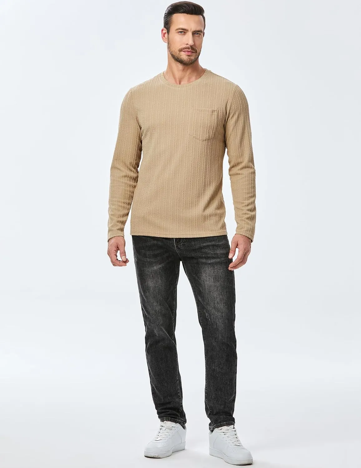 JMIERR Men's Long Sleeve Shirts Casual Crewneck Pullover T-Shirt Stretch Textured Knit Tee with Pocket