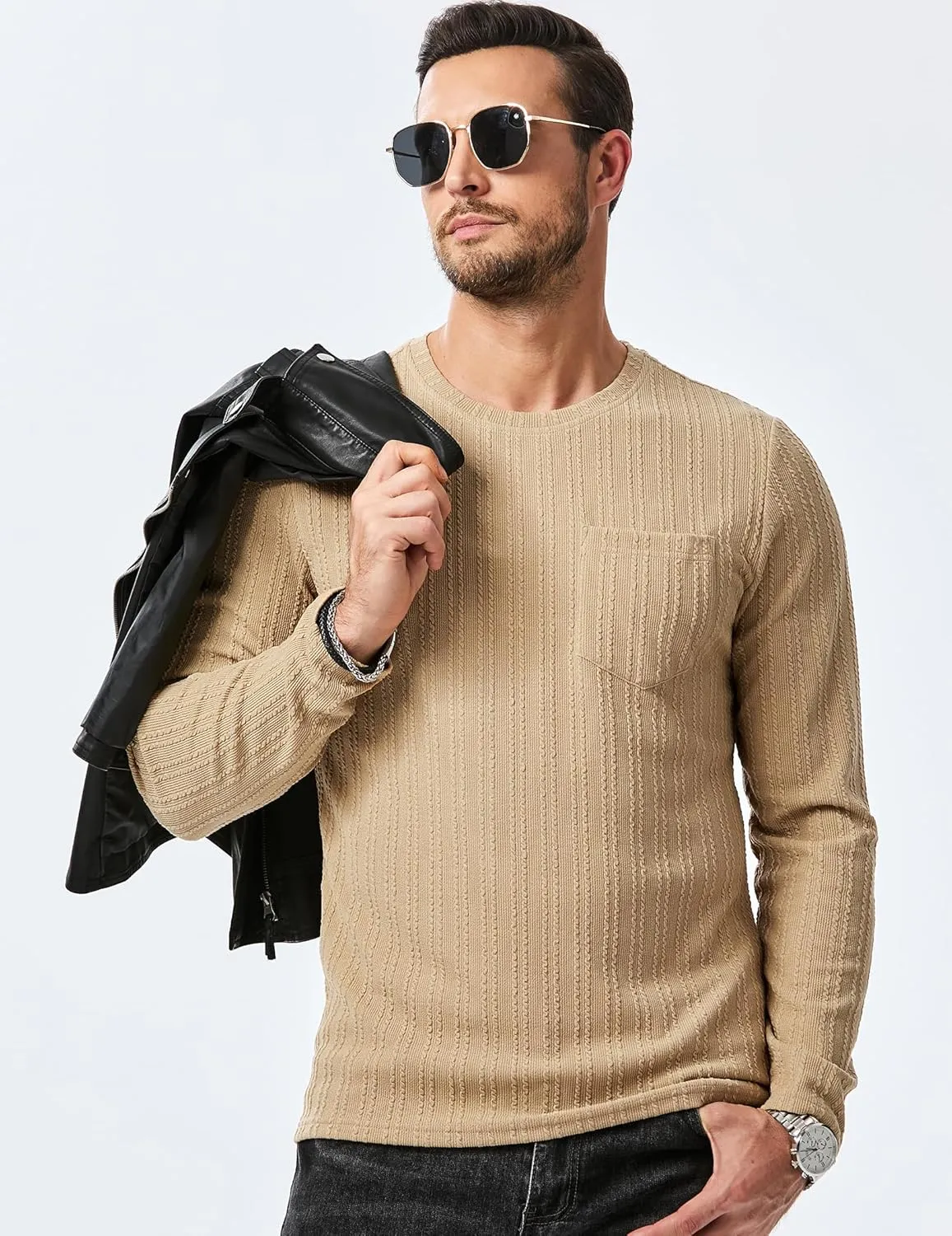 JMIERR Men's Long Sleeve Shirts Casual Crewneck Pullover T-Shirt Stretch Textured Knit Tee with Pocket