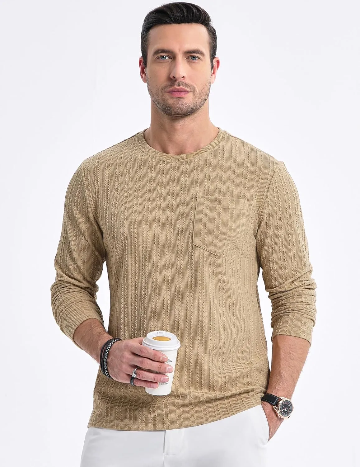 JMIERR Men's Long Sleeve Shirts Casual Crewneck Pullover T-Shirt Stretch Textured Knit Tee with Pocket
