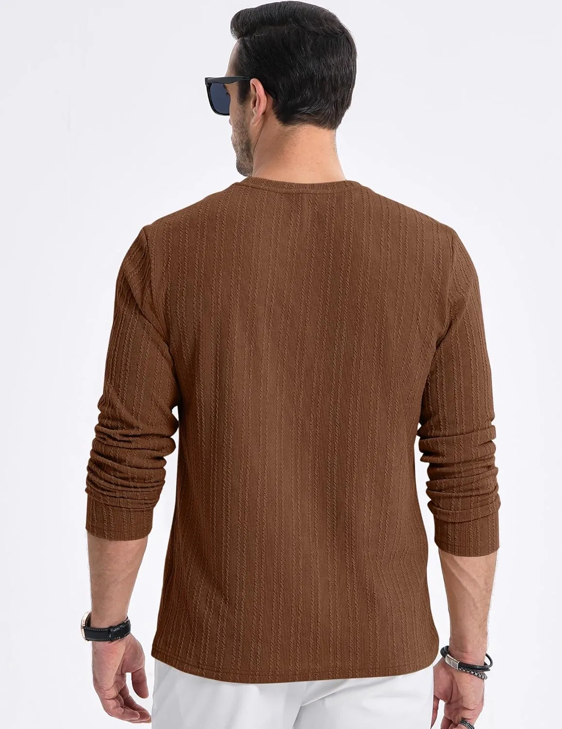 JMIERR Men's Long Sleeve Shirts Casual Crewneck Pullover T-Shirt Stretch Textured Knit Tee with Pocket