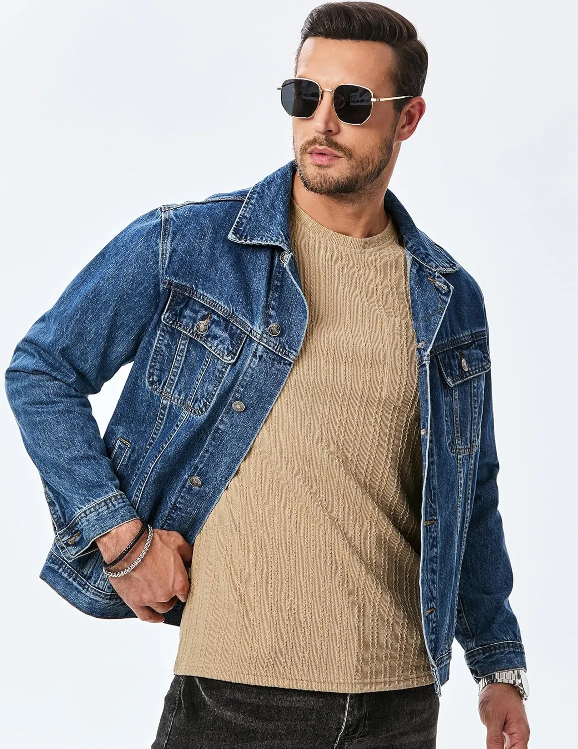 JMIERR Men's Long Sleeve Shirts Casual Crewneck Pullover T-Shirt Stretch Textured Knit Tee with Pocket