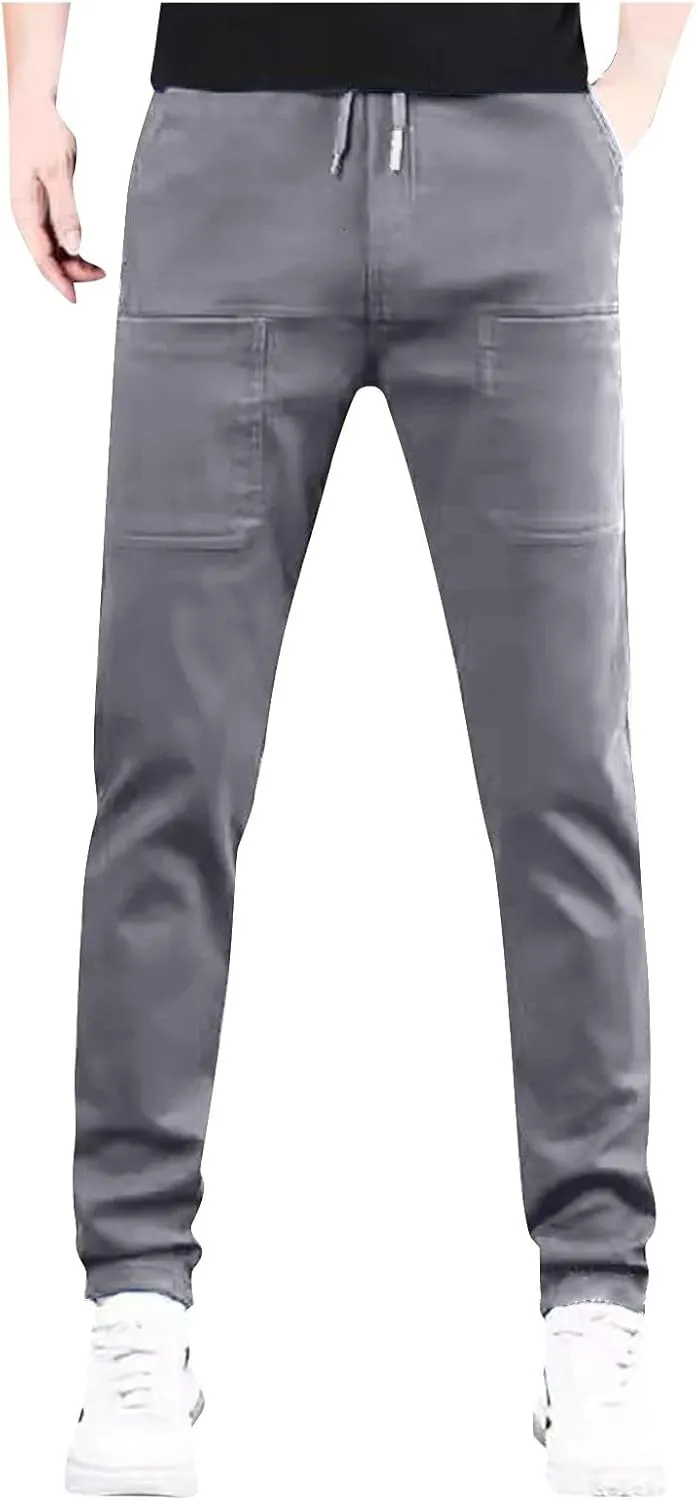 Joggers for Men Khaki Pants Mens Solid Color Straight Trend Slim Fit Workout Running Comfy Casual Elastic Waist Pants