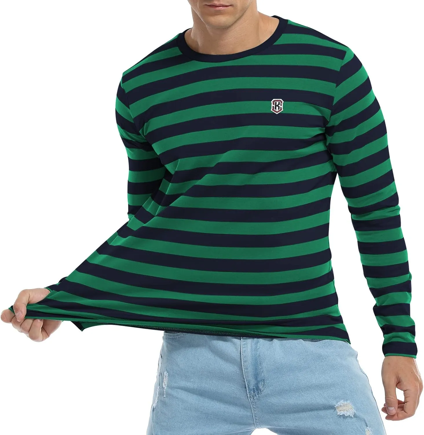KESIHAN Men's Casual Striped Shirts Crewneck Long Sleeve Basic T-Shirt Basic Daily Work Stripe Tee Tops