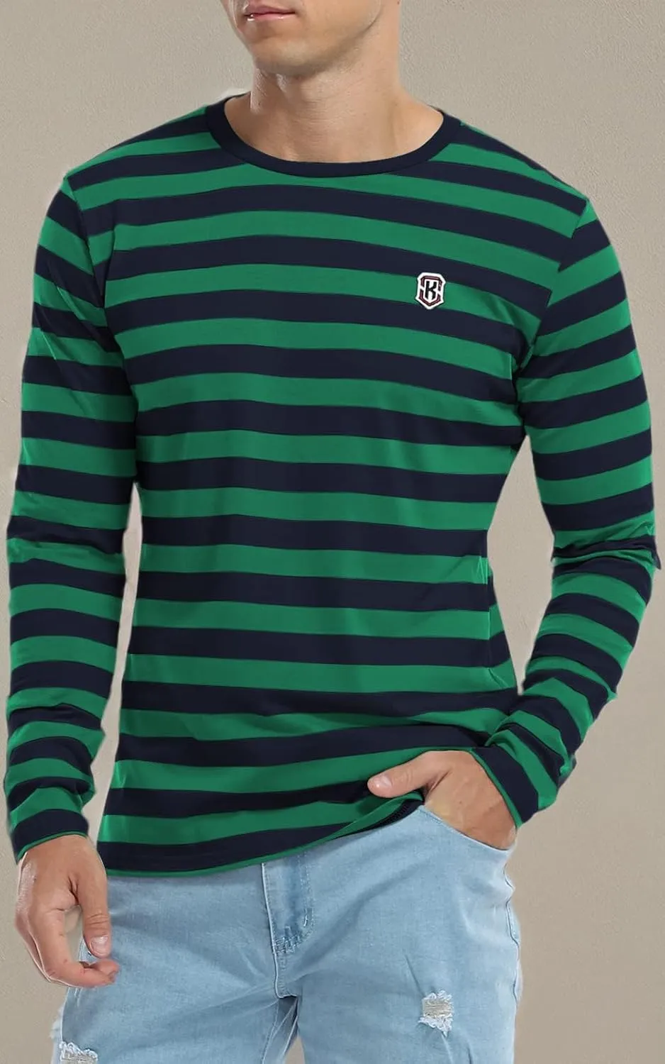 KESIHAN Men's Casual Striped Shirts Crewneck Long Sleeve Basic T-Shirt Basic Daily Work Stripe Tee Tops