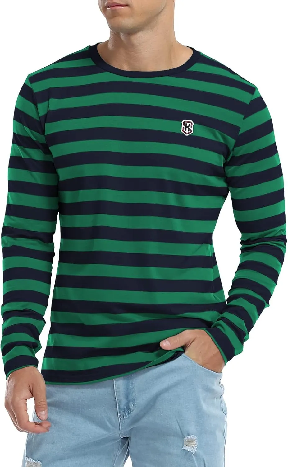 KESIHAN Men's Casual Striped Shirts Crewneck Long Sleeve Basic T-Shirt Basic Daily Work Stripe Tee Tops