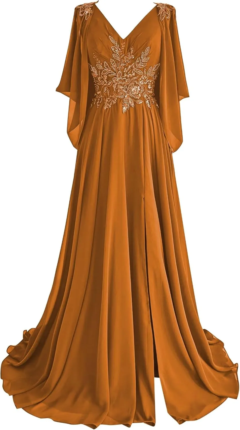 Lace Chiffon Mother of The Bride Dresses 2025 with Slit Sequin Beaded Formal Dresses V Neck Evening Gown with Cape Sleeve