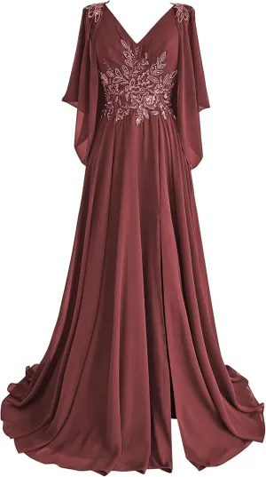 Lace Chiffon Mother of The Bride Dresses 2025 with Slit Sequin Beaded Formal Dresses V Neck Evening Gown with Cape Sleeve