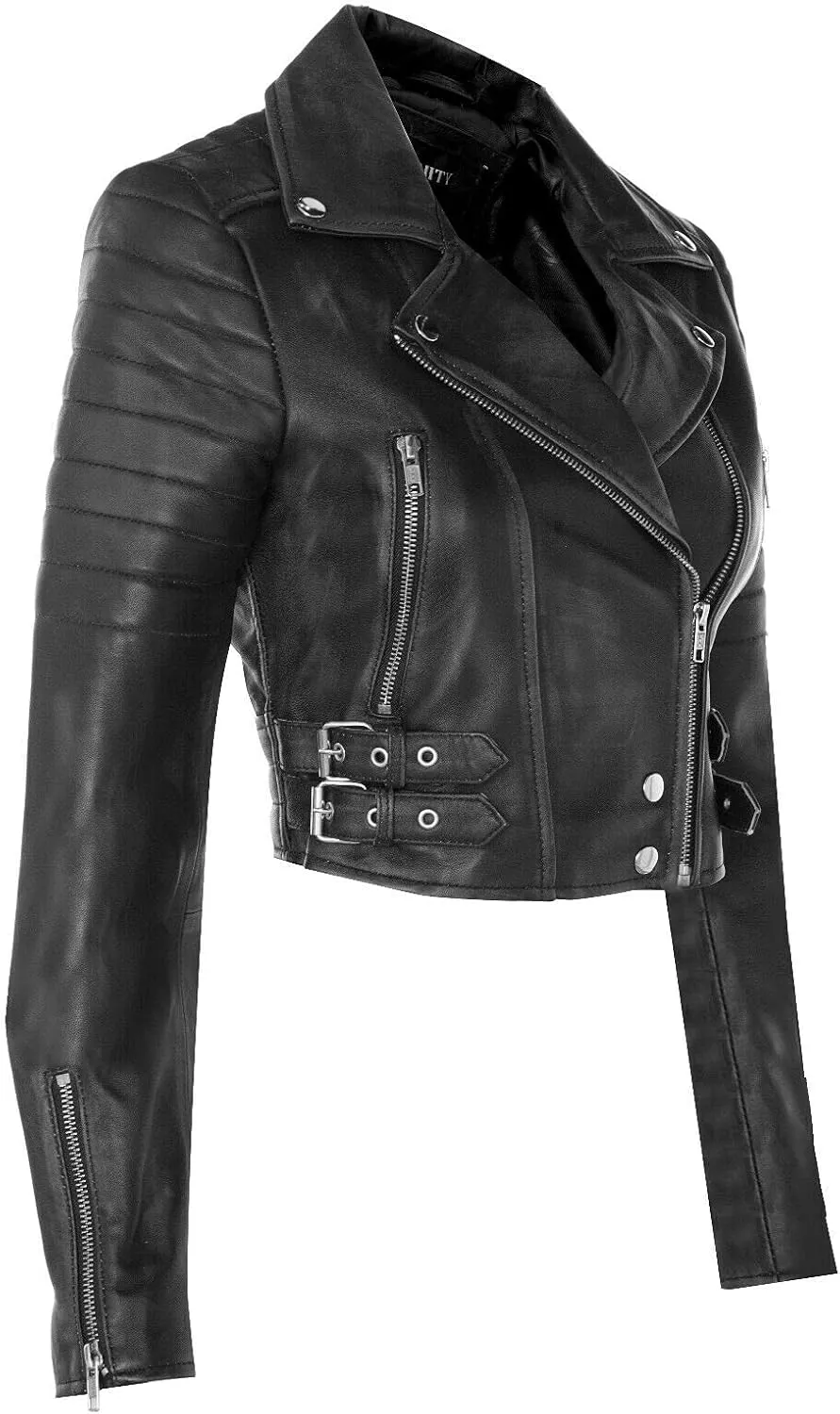 Ladies Cropped Jacket Short Body Gothic Top Chic Biker REAL LEATHER Jacket