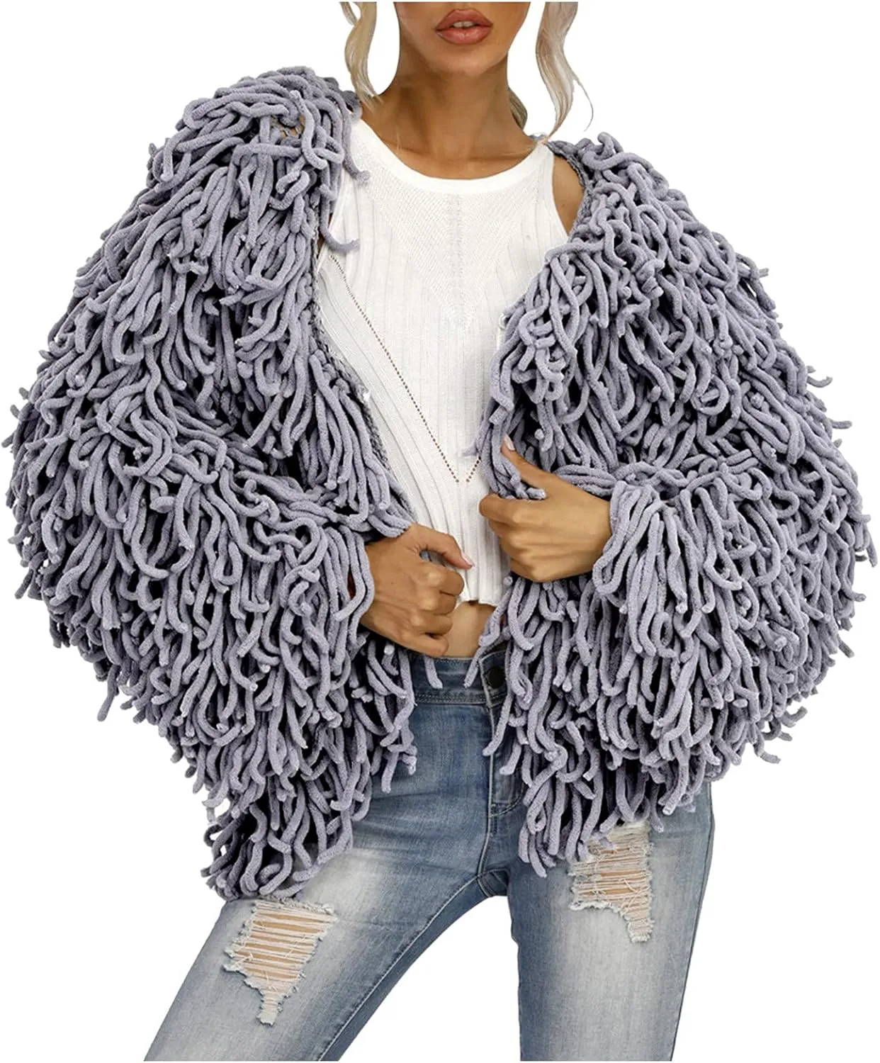 Ladies' Fashion Trendy Fringed Sweater Jacket Hollow Solid Color Cardigan Casual Top Down Coat