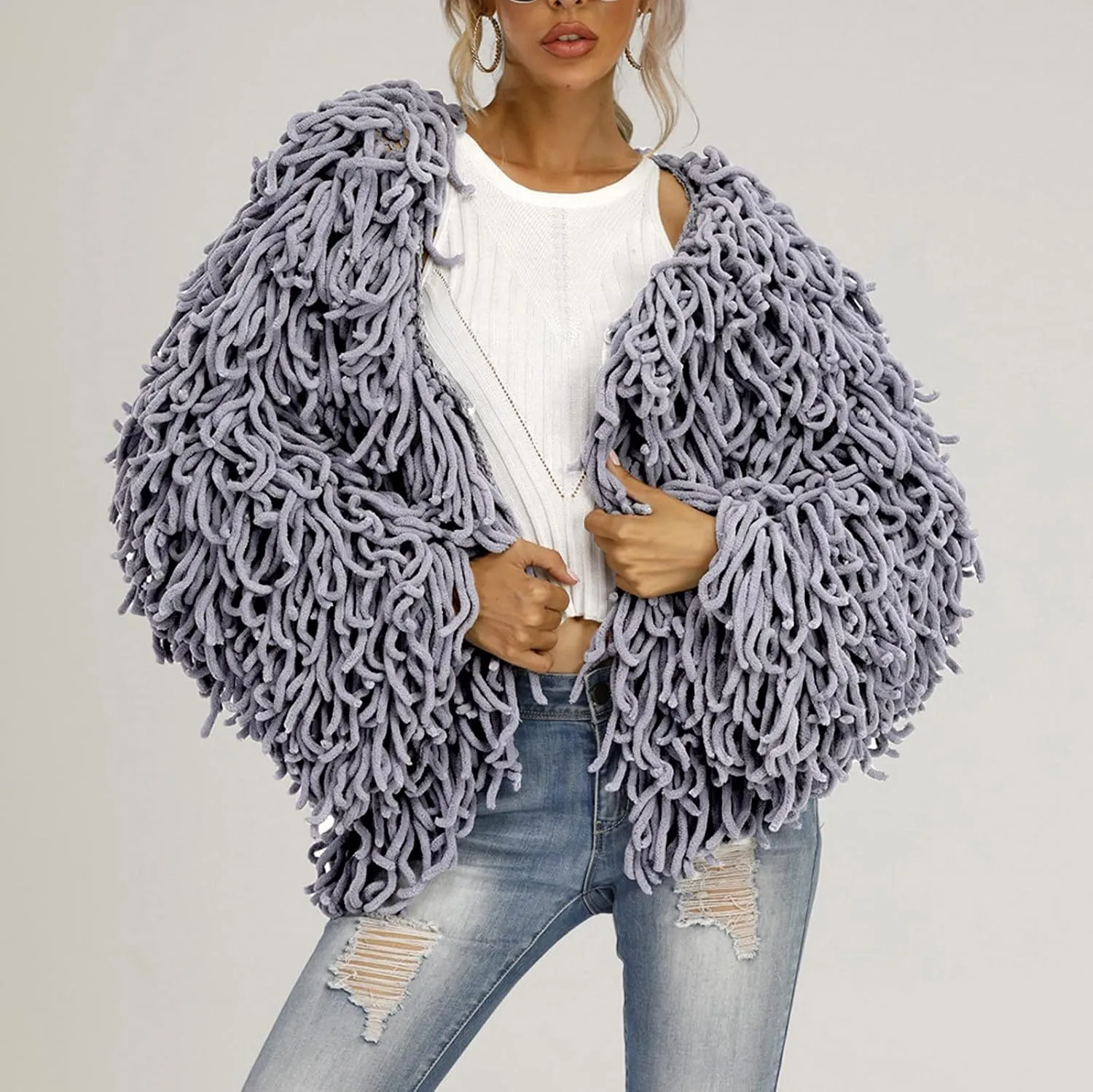 Ladies' Fashion Trendy Fringed Sweater Jacket Hollow Solid Color Cardigan Casual Top Down Coat