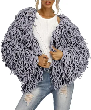 Ladies' Fashion Trendy Fringed Sweater Jacket Hollow Solid Color Cardigan Casual Top Down Coat