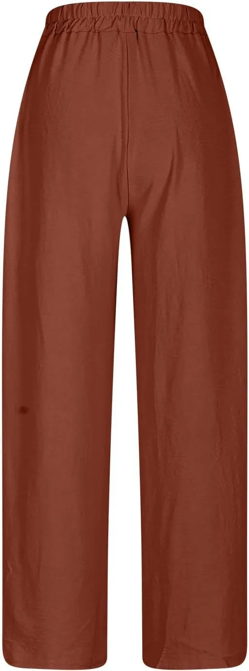 Ladies Solid Color Summer Trousers Cotton and Linen Loose Drawstring Casual Pants High Waist Wide Leg Pant for Lounge