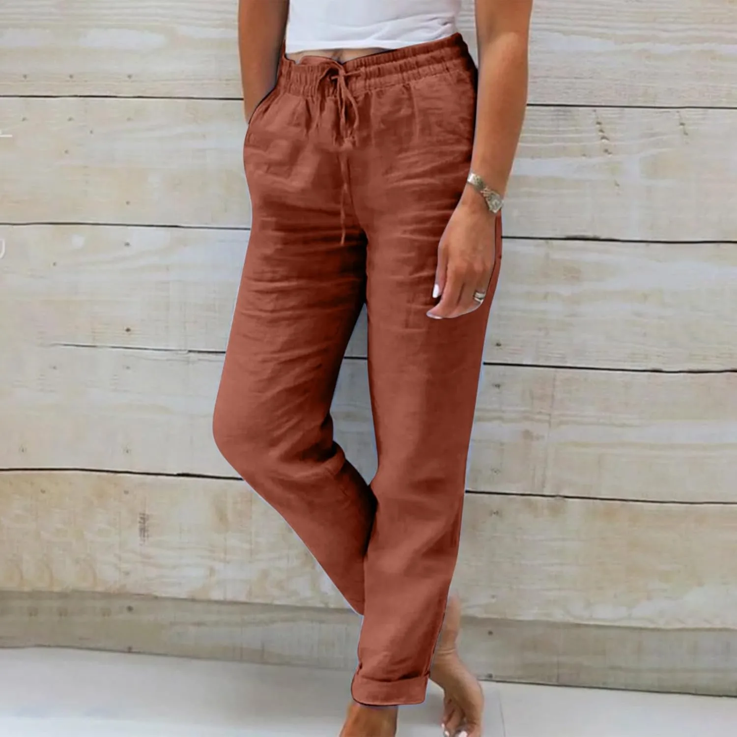Ladies Solid Color Summer Trousers Cotton and Linen Loose Drawstring Casual Pants High Waist Wide Leg Pant for Lounge