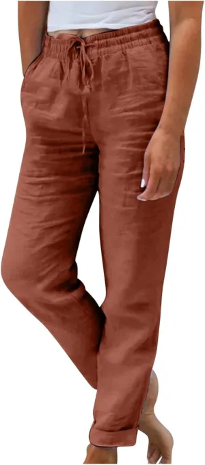 Ladies Solid Color Summer Trousers Cotton and Linen Loose Drawstring Casual Pants High Waist Wide Leg Pant for Lounge