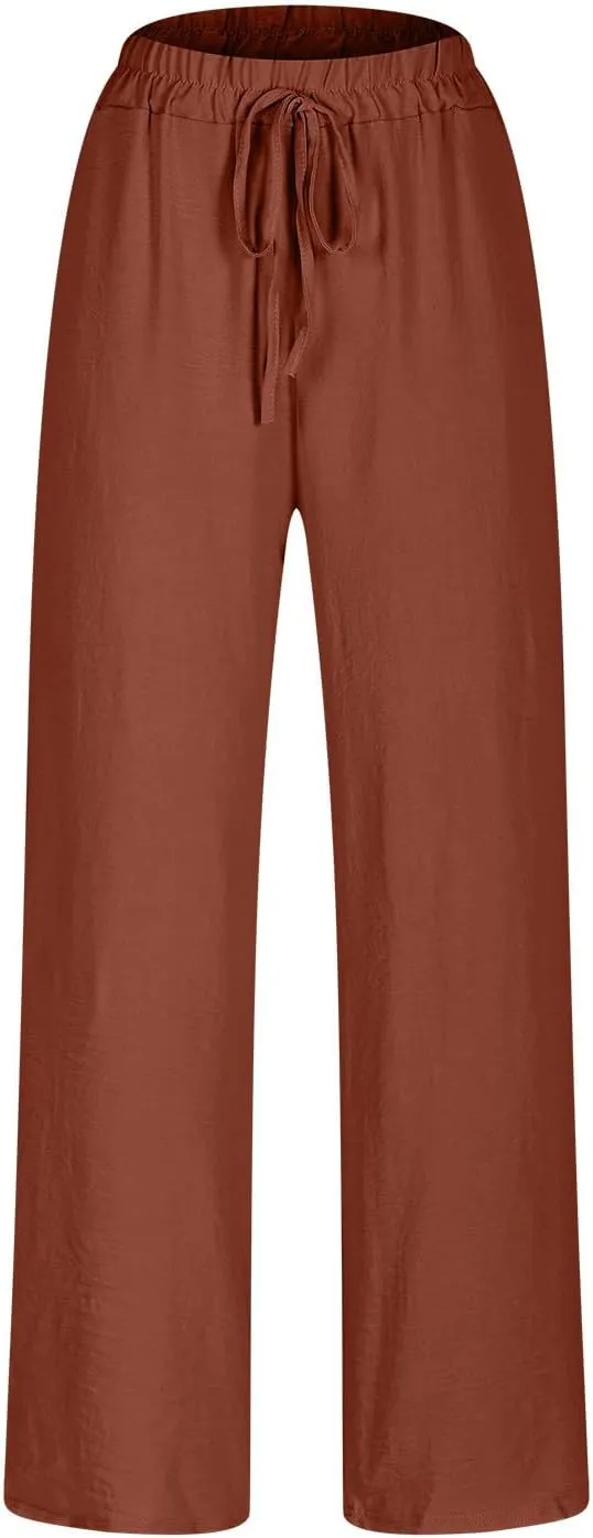 Ladies Solid Color Summer Trousers Cotton and Linen Loose Drawstring Casual Pants High Waist Wide Leg Pant for Lounge