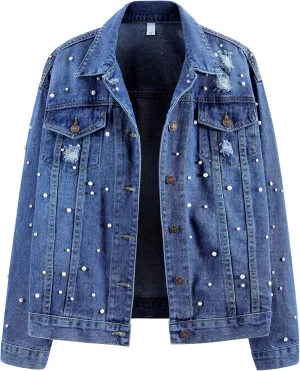 Ladyful Womens Oversized Denim Jacket Pearl Bride Jean Coat Outerwear