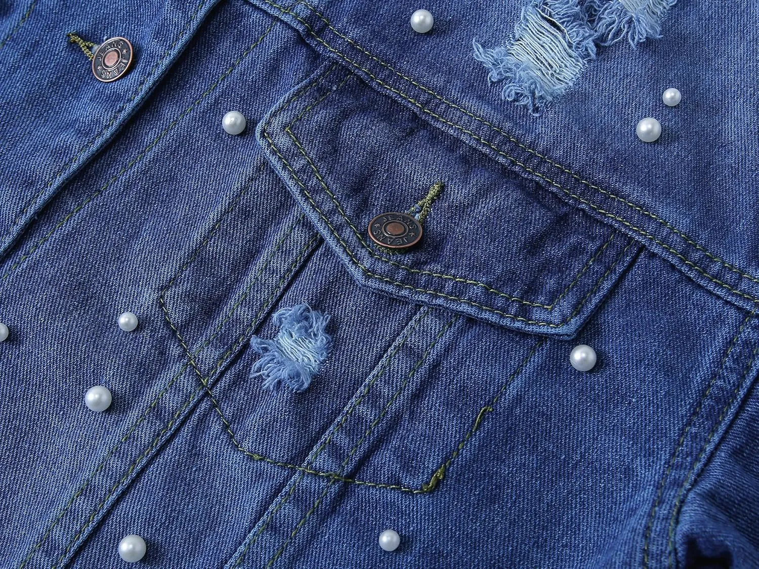 Ladyful Womens Oversized Denim Jacket Pearl Bride Jean Coat Outerwear