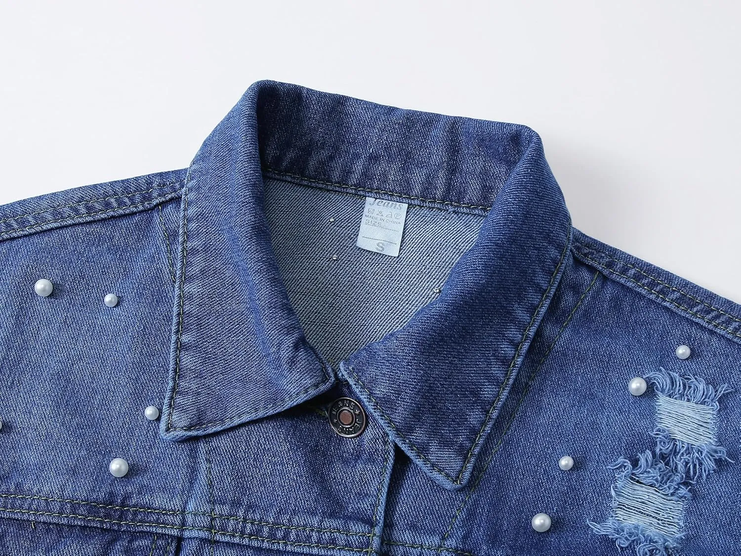 Ladyful Womens Oversized Denim Jacket Pearl Bride Jean Coat Outerwear