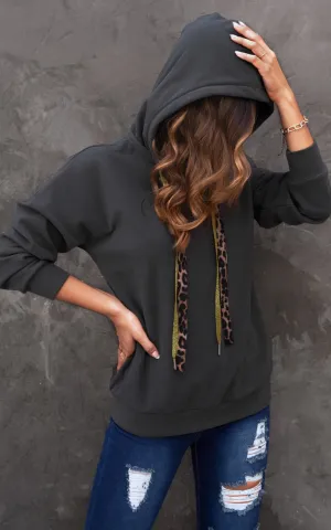 Leopard Print Drawstring Drop-Shoulder Hoodie
