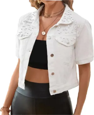 LifeShe Women's Pearls Denim Jacket Casual Short Sleeve Cropped Jean Jackets Coats