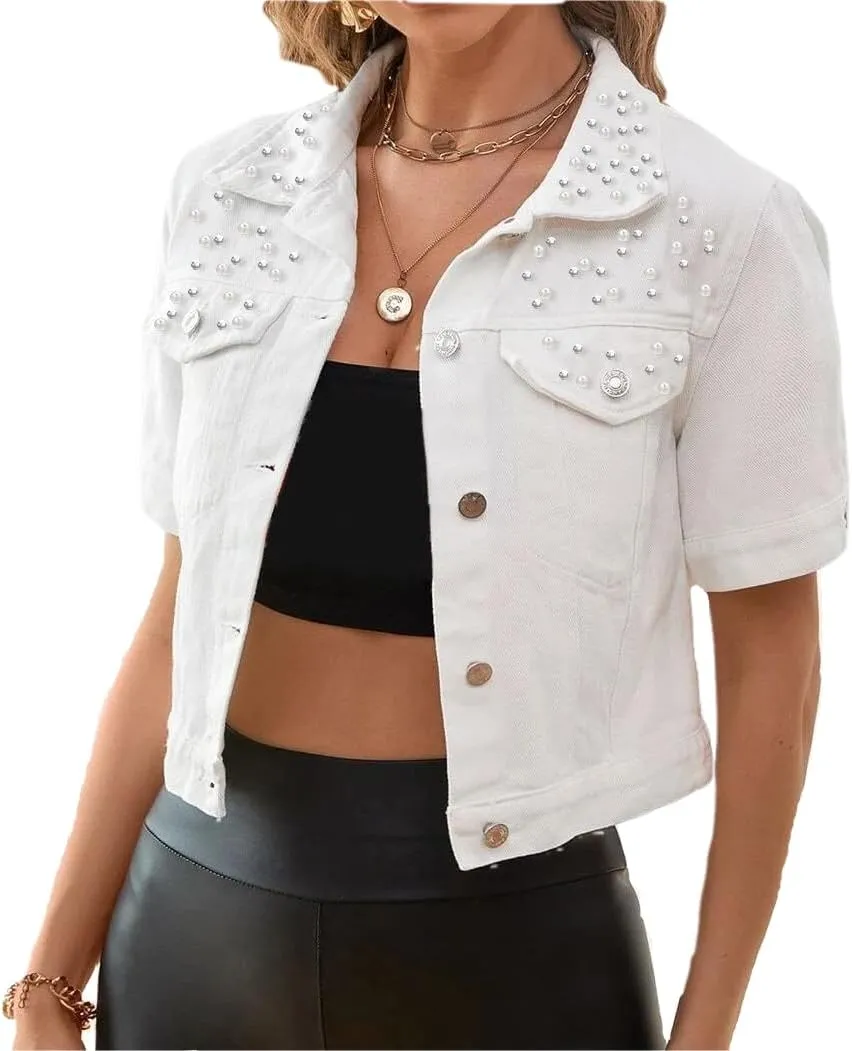 LifeShe Women's Pearls Denim Jacket Casual Short Sleeve Cropped Jean Jackets Coats