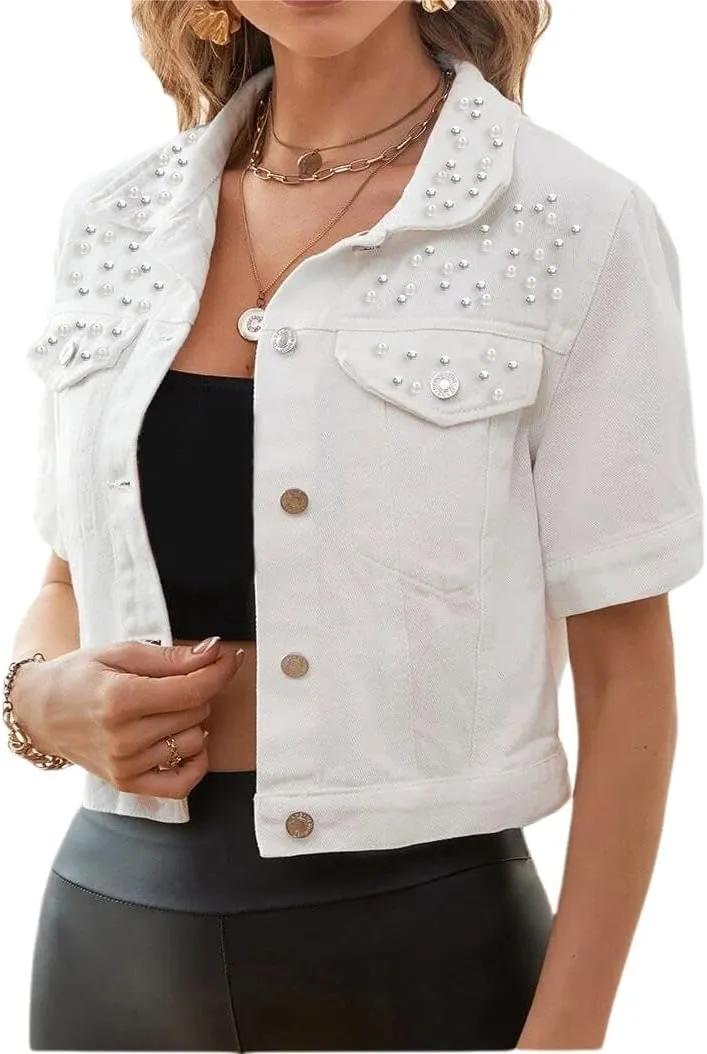 LifeShe Women's Pearls Denim Jacket Casual Short Sleeve Cropped Jean Jackets Coats