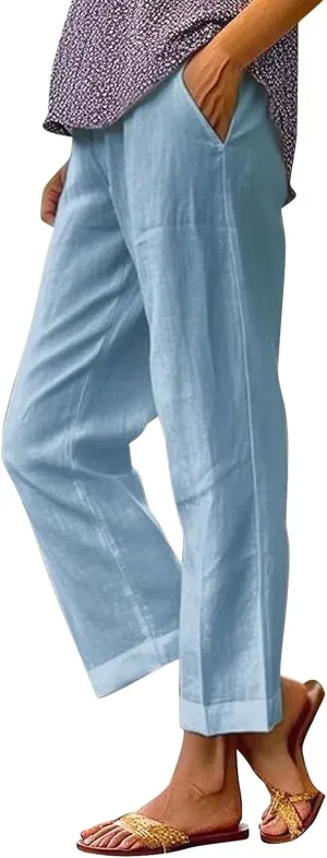 Linen Capri Pants for Women High Waisted Wide Leg Lounge Pant Comfy Soft Trousers Boho Beach Baggy Capris Casual Resort Wear