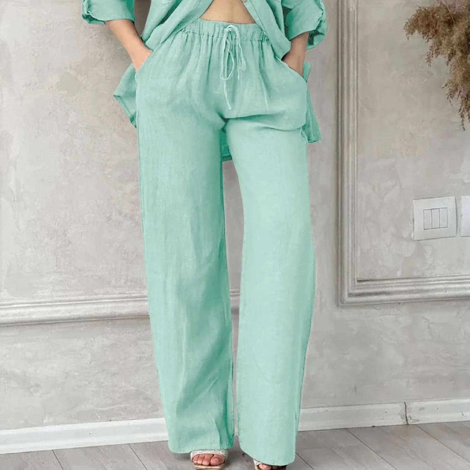Linen Capri Pants for Women Summer 2025 Wide Leg Loose Drawstring Elastic Waist Cropped Trouser