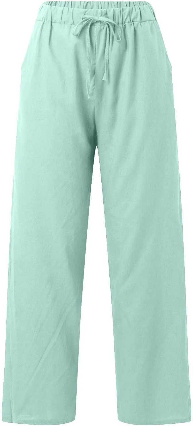 Linen Capri Pants for Women Summer 2025 Wide Leg Loose Drawstring Elastic Waist Cropped Trouser