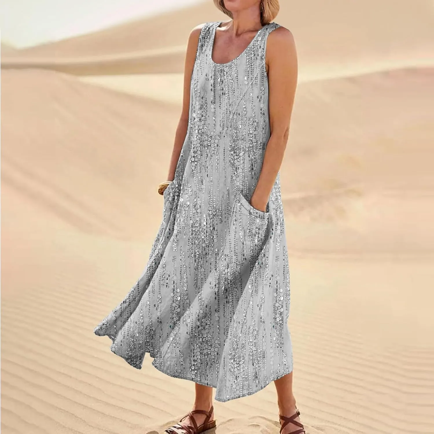Linen Dresses for Women 2025 Summer Long Dress Sleeveless Elegant Flowy Plus Size Loose Sundress with Pockets