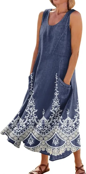 Linen Dresses for Women 2025 Summer Long Dress Sleeveless Elegant Flowy Plus Size Loose Sundress with Pockets