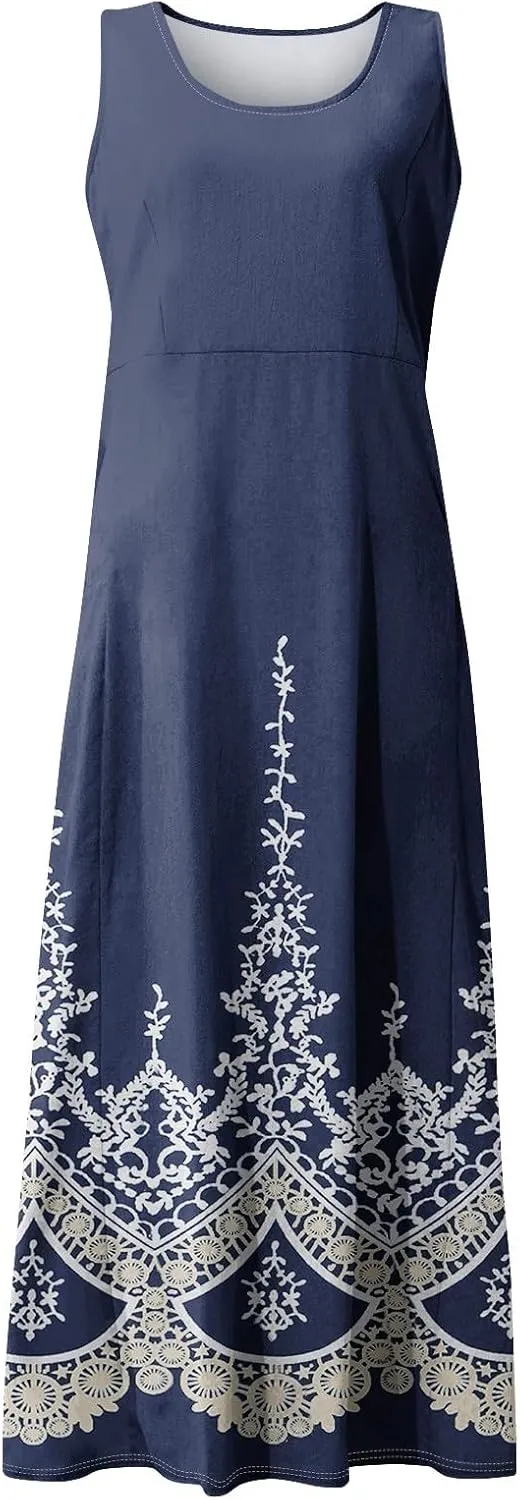 Linen Dresses for Women 2025 Summer Long Dress Sleeveless Elegant Flowy Plus Size Loose Sundress with Pockets