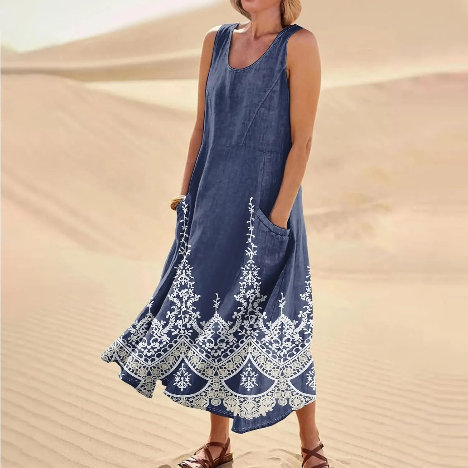Linen Dresses for Women 2025 Summer Long Dress Sleeveless Elegant Flowy Plus Size Loose Sundress with Pockets