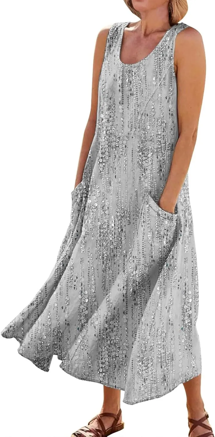 Linen Dresses for Women 2025 Summer Long Dress Sleeveless Elegant Flowy Plus Size Loose Sundress with Pockets